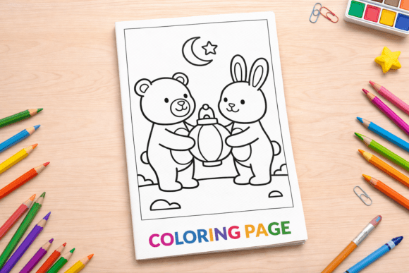 Cute Bear and Bunny with Lantern – A Whimsical Coloring Page for All Ages
