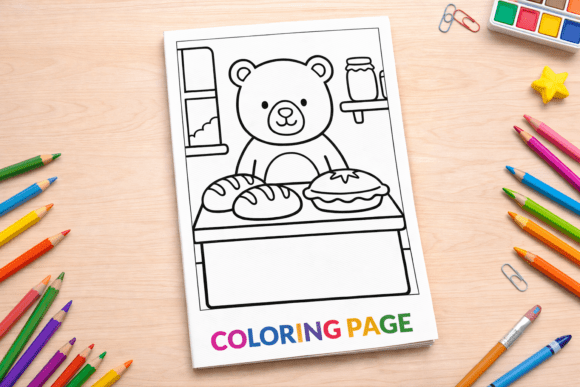 Cute Bear with Bread and Pie Coloring for Creative Learning and Fun Classroom Activities