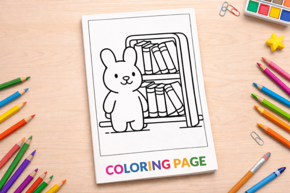 Cute Bunny with Bookshelf Coloring Page: A Practical Resource for Educational and Creative Workflows
