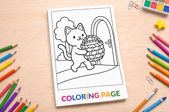Cute Cat Carrying Basket Coloring Page