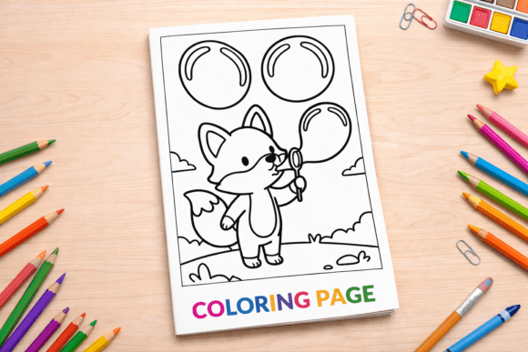 Cute Fox Blowing Bubbles Coloring Page for Creative Projects