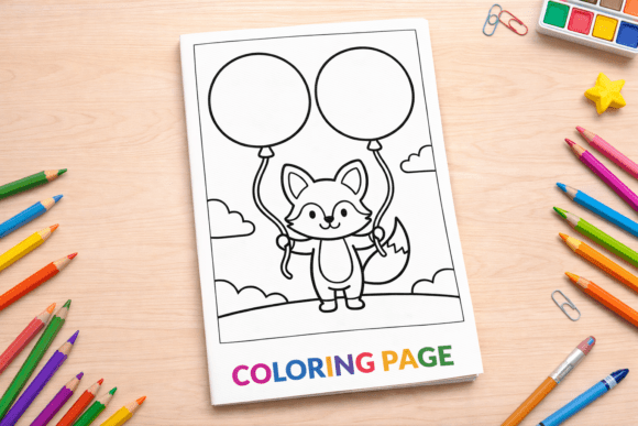 Cute Fox Holding Balloons Coloring Page for Creative Fun