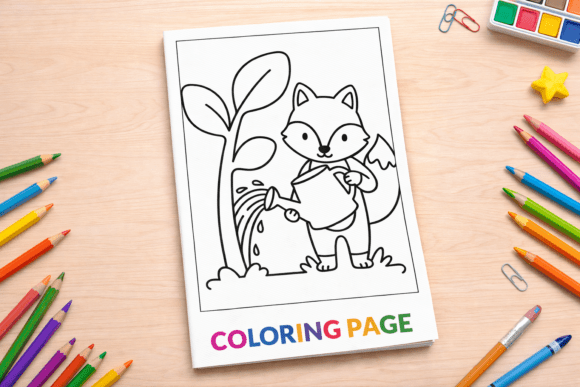 Cute Fox Watering Plant Coloring Page Asset
