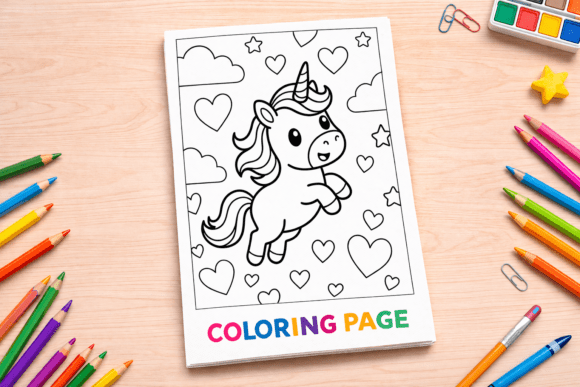 Cute Unicorn with Hearts Coloring Page