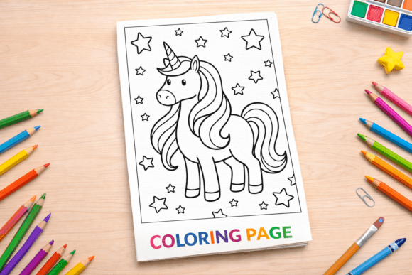 Cute Unicorn with Stars Coloring Page